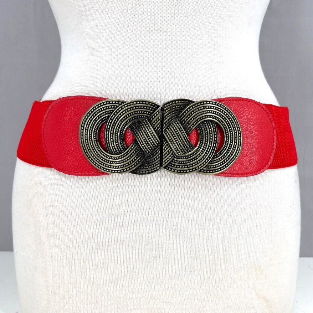 Women's Red Elastic Wide Cinch Waist Belt Antique Brass Knot Buckle 80s M/L 36